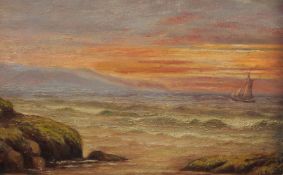 Late 19th Century, A sailing boat off the coast at sunset, oil on board, signed and dated, 6
