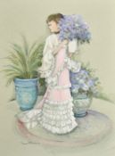 James Arthur Morris (20th Century) British, an elegant lady holding flowers, watercolour, signed,