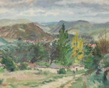 A countryside view of a figure on a track with a village through the trees beyond, watercolour,