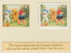 Christopher Whitford (20th Century), Teddies playing rounders, an original watercolour, signed, 2.5