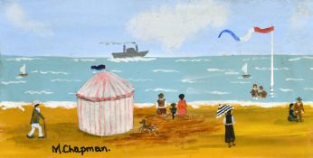 Margaret Chapman (1940-2000) British, Figures on a French beach with figures, children paddling