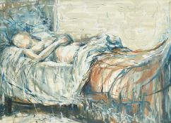 Elizabeth Hadden-Cave (20th Century) A reclining female nude in bed, watercolour, signed and