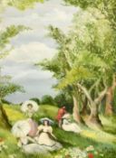 James Arthur Morris (20th Century) British, a scene of elegant figures in parkland, oil on board,