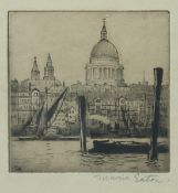 Maria Eaton, St Paul's from the Thames, etching, signed in pencil, labels verso, 2.75