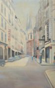 A French street scene with parked cars and figures, oil on board, indistinctly signed, 15.75