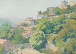 R. Coulombie, A view in Bordeaux, houses on a hillside, watercolour and gouache, signed, label