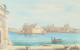 Joseph Galea, Malta, 'Grand Harbour from Custom's House', watercolour, signed and inscribed, 6.75