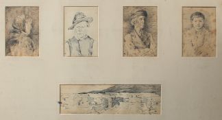 Alfred Hugh Fisher, five pen and ink sketches of Achill Islanders in a common mount, 4 at 5