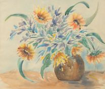 A lovely still life of orange daisies in a vase, watercolour, 17.25