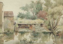 Late 19th/20th Century Continental School, a bridge over a weir, watercolour, 9.5