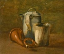 19th Century School, A still life study of a horn, beaker and jug, oil on mahogany panel, remnants