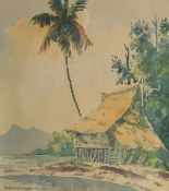 Abu Bakar Ibrahim (1925-1977) Malaysian, A dwelling with a palm tree beside water, Malaya,
