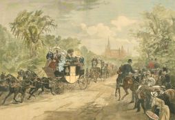 After Schell and Hogan, 'Coaching in New York, A Drive Through Central Park', hand coloured print,