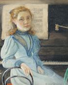 Oswald Rimmer, 'At the piano', watercolour, signed, labels verso, 12.5