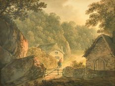 W. Payne, A lady and child on a country path near buildings, watercolour, 11.25