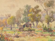 A landscape view of a figure near a hut in Nancy, France, watercolour, signed, inscribed and