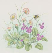 Ella Bruce (20th Century) Violets and other flowers with a bumble bee, watercolour, signed in