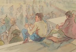 Marjorie Heather (fl.1940s-1989) Figures seated on stone steps with a crowd standing below,