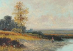 Late 19th/Early 20th Century, a female figure by a waterway with a church beyond, oil on canvas, 14