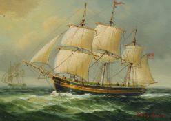James Hardy (late 20th Century) A Man-of-War at sail off the coast and a Clipper out to sea, oils on