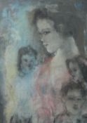 20th Century Continental School, a mixed media composition featuring four head studies, 29.5