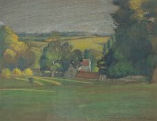 Donald Hughes (20th Century), Stone buildings surrounded by trees in a countryside landscape,