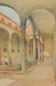 20th Century, A courtyard in Valence with a Priest, watercolour, signed, inscribed and dated June