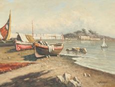 A scene of boats in a continental bay, oil on board, signed, 11.5