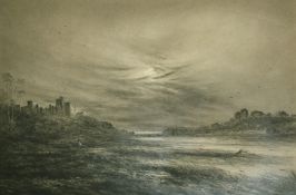 Stuart (19th Century), figures walking under moonlight with a hilltop castle beyond, charcoal, 18