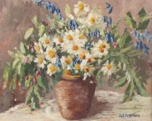 A.E. Foreman, A still life of mixed flowers in a terracotta pot, oil on board, signed, 16