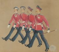 Hal Collingwood, circa 1911, a caricature of a military officer in a bearskin hat, watercolour,