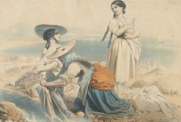 A 19th Century Continental print of three maidens washing garments in a pool, with a seascape and
