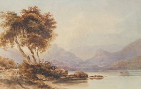 Circle of Varley, Figure on a path by a lake with mountains beyond, watercolour, 5.5