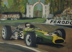 Modern British, A Formula One racing car on a bend, gouache, 10.5