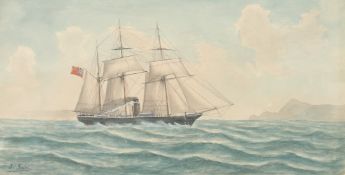 J. Susini, A clipper in choppy waters off the coast, flying the British red ensign, watercolour,