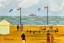 Margaret Chapman (1940-2000) British, Figures on a French beach near a yellow stripped tent,