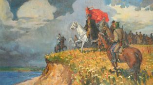Russian School, A group of horsemen gathered on a hillside, oil on canvas, indistinctly signed