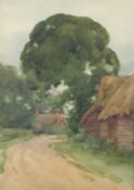 A Surrey lane with thatched barns and house, watercolour, 10