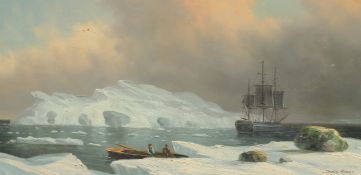 James Hardy (late 20th Century) A tall ship at anchor between icebergs and a small two-man rowing
