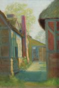 Early 20th Century, An alleyway between two old houses on a sunny day, oil on canvas, 10