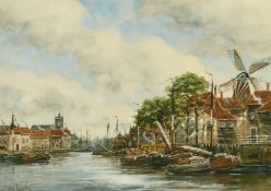 Jan Van Couver (1864-1910) Dutch, A Dutch port scene with moored boats and buildings, watercolour,
