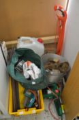 Miscellaneous to include a strimmer, cast iron bath feet etc.