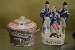 A lustreware bowl and cover and a Staffordshire style figure group Death of Nelson.