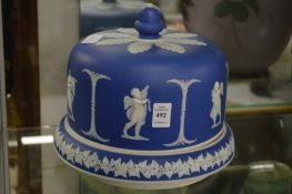 A good blue jasperware circular cheese dome and cover.