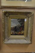 Figures in a classical landscape, colour print in a decorative gilt frame.