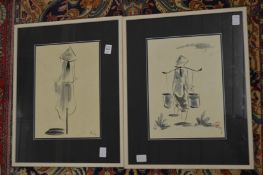 Chinese School, a female figure on a bicycle together with another similar.