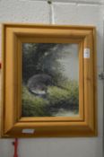 An otter by a stream, oil on canvas, signed.