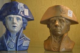 A Doulton and Watts salt glazed jug depicting Nelson together with a similar blue glaze jug.