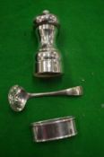 A silver pepper grinder and two other items.