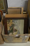 Box of assorted paintings and prints etc.